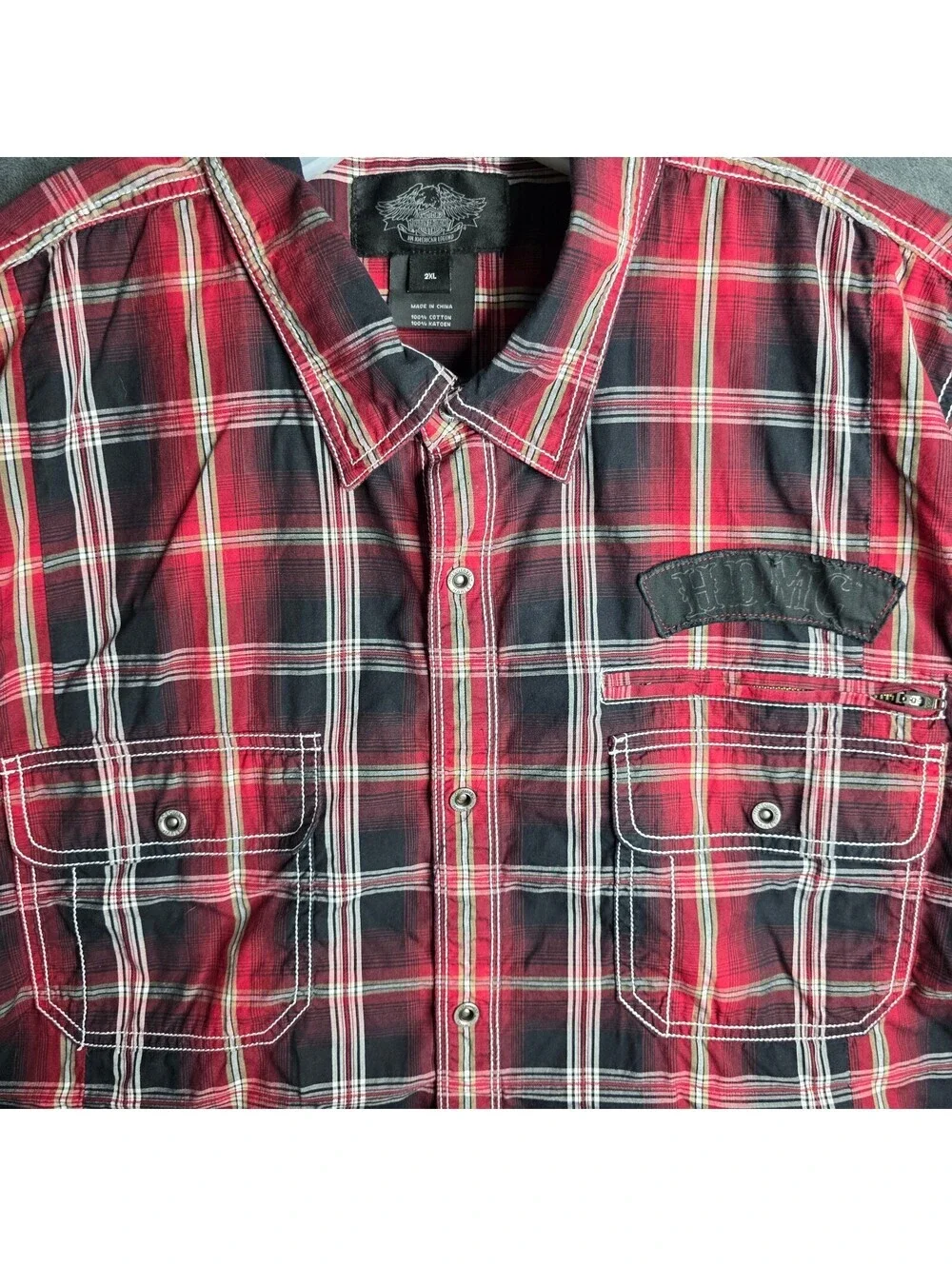 Harley Davidson Men's Red and Black Plaid Short Sleeve Snapped, Siz 2XL